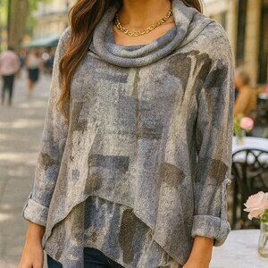 Women's Edin Designs Multi-Fabric Gray Cowl Neck Pullover Sweater Top Beautiful